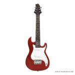 Red solid-body electric guitar with a white pickguard and chrome bridge on a white background. ลดราคาพิเศษ