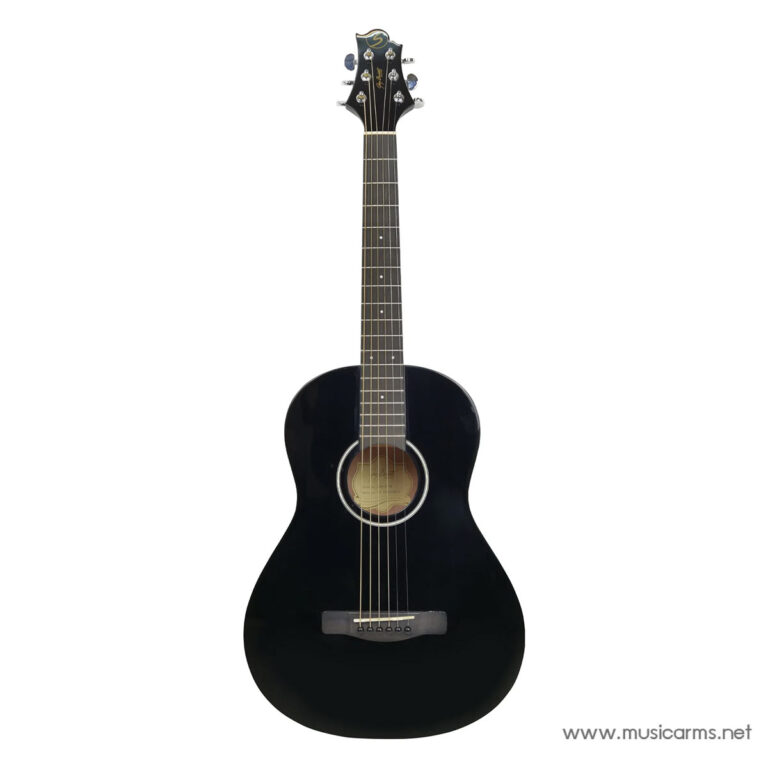 Black glossy acoustic guitar with six strings shown against a white background, front view. ขายราคาพิเศษ