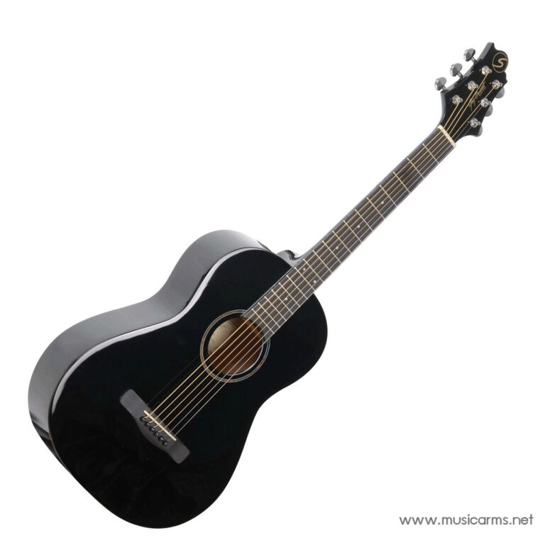 Black glossy acoustic guitar with six strings, angled to the right, showing cutaway body and gold tuners. ขายราคาพิเศษ
