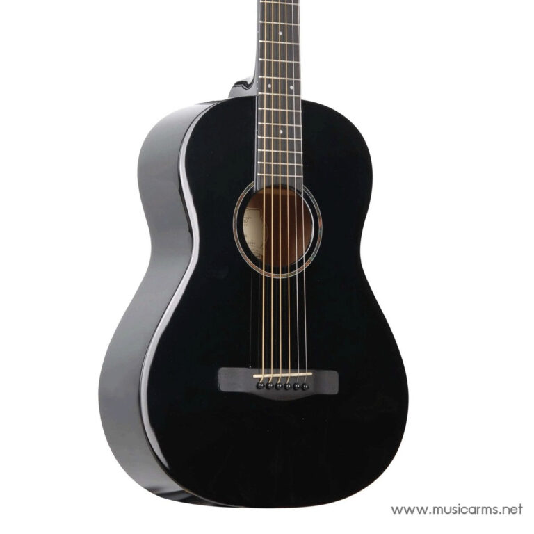 Black glossy acoustic guitar with six strings and a round soundhole against a white background (product image). ขายราคาพิเศษ