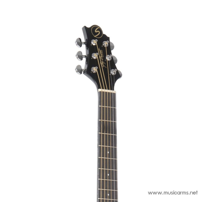 Black guitar headstock with six chrome tuners and gold strings on a dark fretboard neck (brand logo visible) ขายราคาพิเศษ
