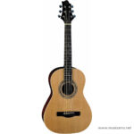 Full-size natural-finish acoustic guitar, six strings, sound hole with a rosette, and a black bridge; headstock with tuning pegs. ลดราคาพิเศษ