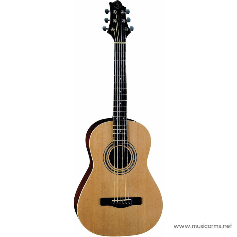 Full-size natural-finish acoustic guitar, six strings, sound hole with a rosette, and a black bridge; headstock with tuning pegs. ขายราคาพิเศษ