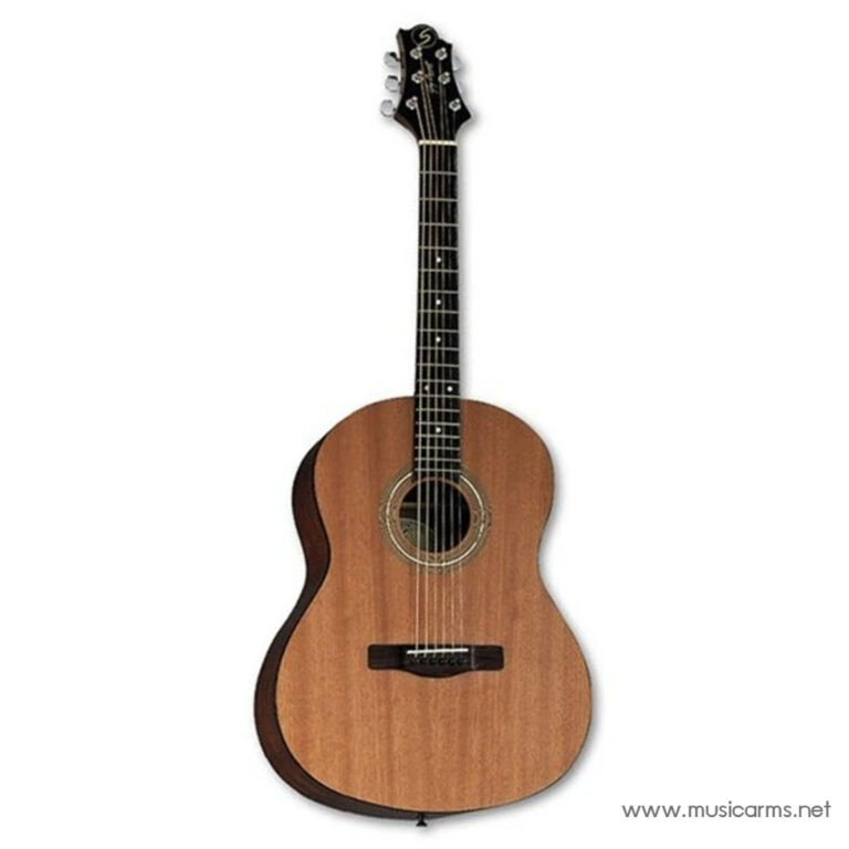 Acoustic guitar with a natural wood finish, six strings, and a dark fretboard seen from the front on a white background. ขายราคาพิเศษ