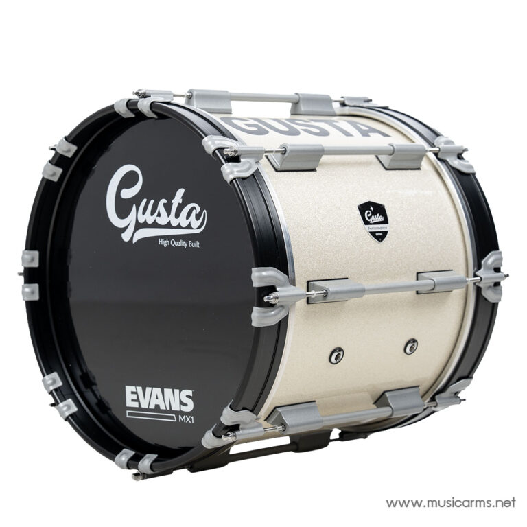 Snare drum with champagne glitter shell, black end with Gusta logo, and Evans MX1 branding; product photo on white background. ขายราคาพิเศษ