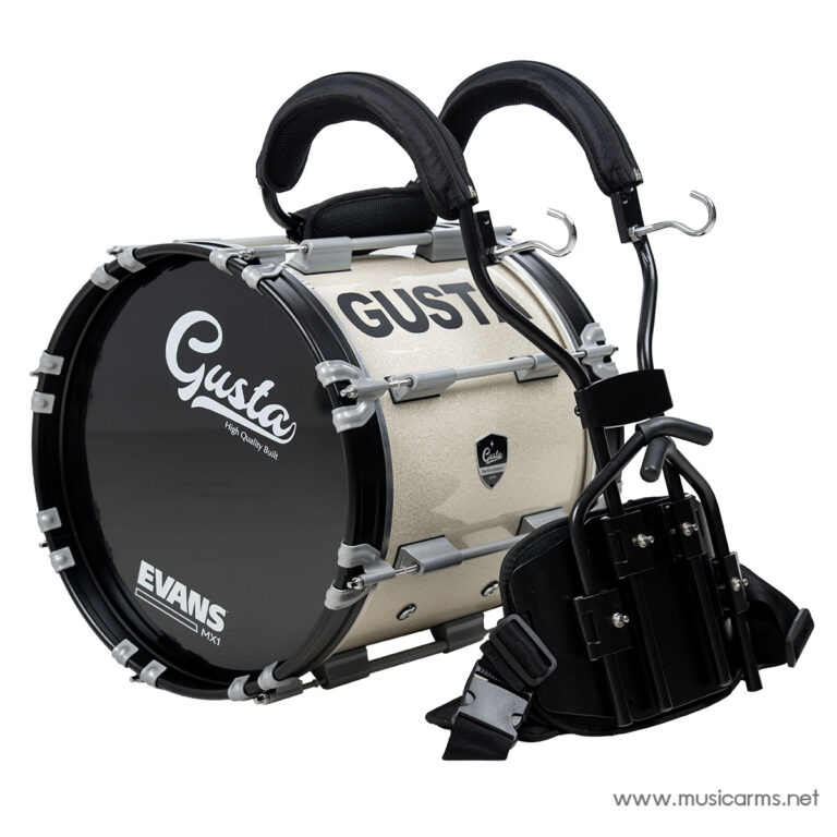 Beige Evans Gusta bass drum with black ends and a detachable harness for marching use, shown from the side. ขายราคาพิเศษ
