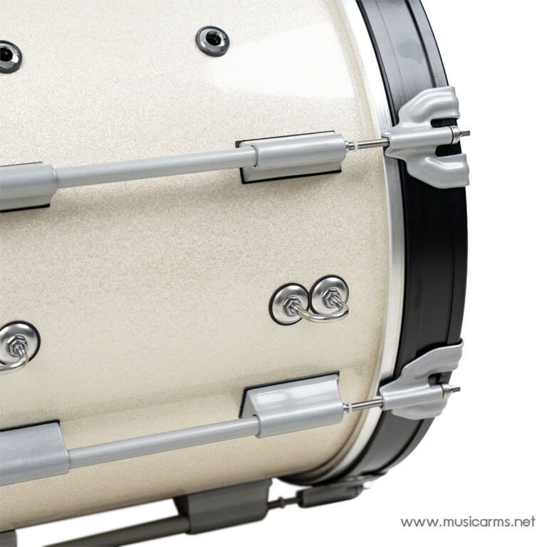 Close-up of a beige snare drum shell with tension rods, lugs, and hoops attached along the edge. ขายราคาพิเศษ
