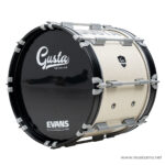 Bass drum with black front head showing 'Gusta' logo and 'EVANS MX1' branding, beige shell and silver hardware. ขายราคาพิเศษ