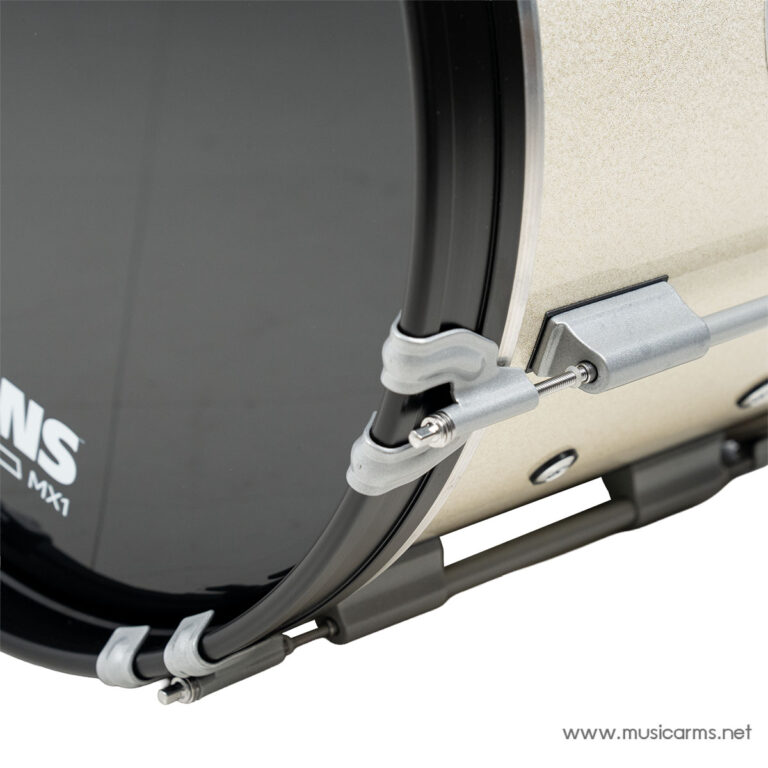 Close-up of a drum shell showing metal clamps and tension rods securing the hoop. ขายราคาพิเศษ
