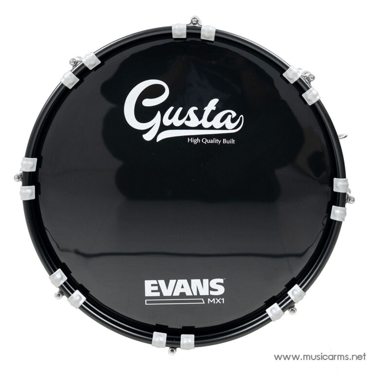 Black Evans MX1 drum head with Gusta logo and 'High Quality Built' slogan visible in white text on the surface ขายราคาพิเศษ