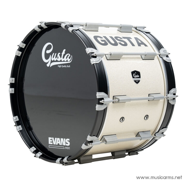 Large bass drum with beige shell and black front head, branded Gusta with Evans MX1 label and chrome lugs and hoops on a white background ขายราคาพิเศษ