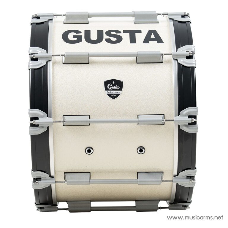 Beige snare drum with gray hardware and the word 'GUSTA' on the shell, front view, performance series badge visible. ขายราคาพิเศษ