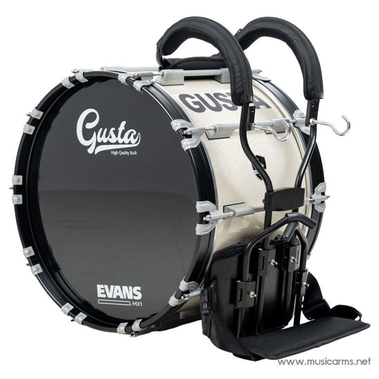 Marching bass drum with beige shell and black drumheads attached to a backpack-style harness with padded shoulder straps. ขายราคาพิเศษ