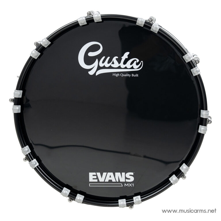 Black Evans MX1 drumhead with Gusta logo and 'High Quality Built' text, shown with metal tension rods around the rim. ขายราคาพิเศษ