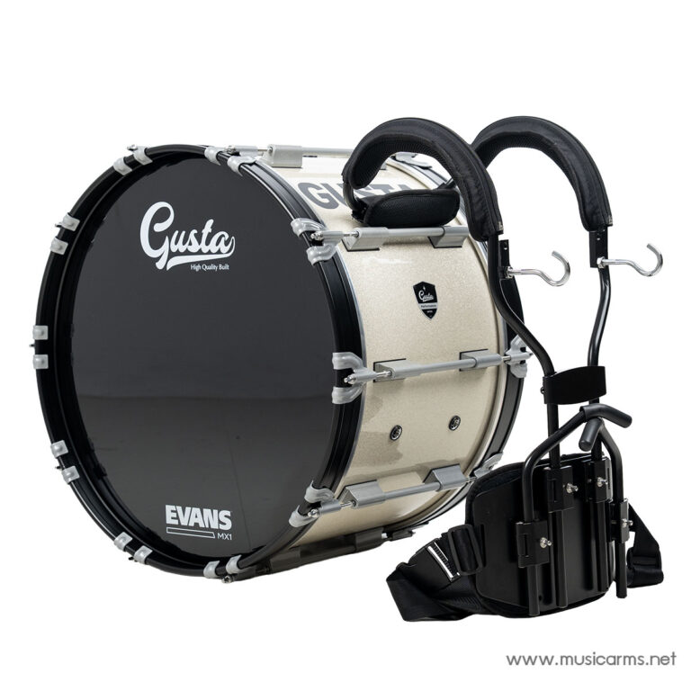 Beige marching snare drum with silver hardware and a detachable shoulder harness beside it ขายราคาพิเศษ
