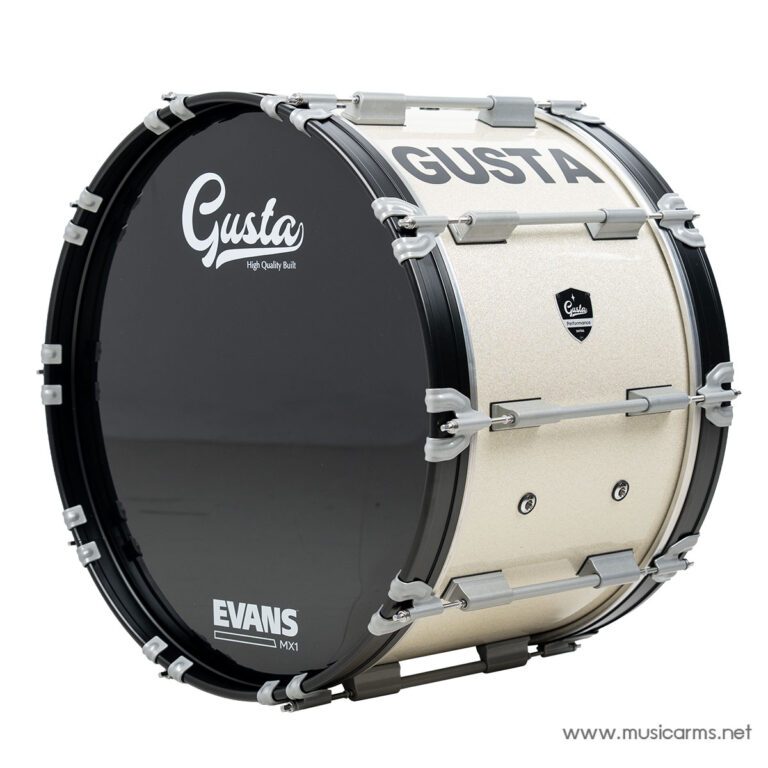 Gusta bass drum with a beige shell and black front head displaying the Gusta logo and Evans MX1 at the bottom edge. ขายราคาพิเศษ