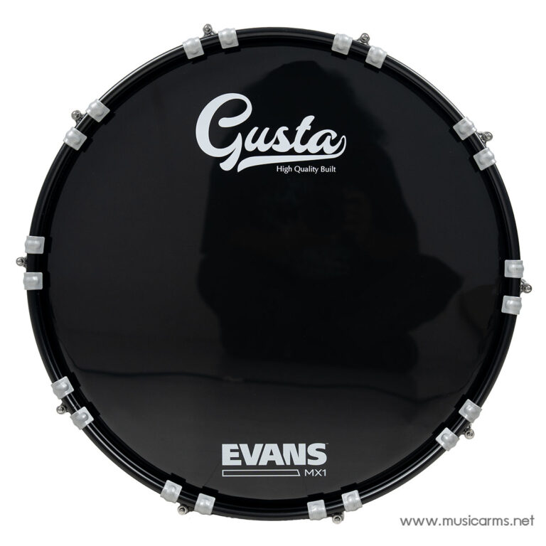 Black drum head with white 'Gusta' logo and 'EVANS MX1' text visible on surface. ขายราคาพิเศษ