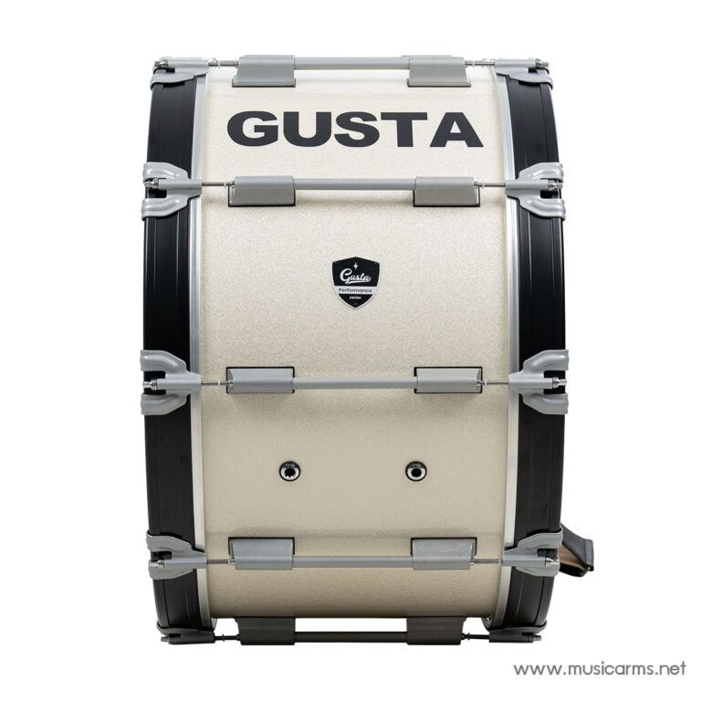 Beige snare drum with chrome hardware and the word 'GUSTA' on the shell, viewed head-on from the side. ขายราคาพิเศษ