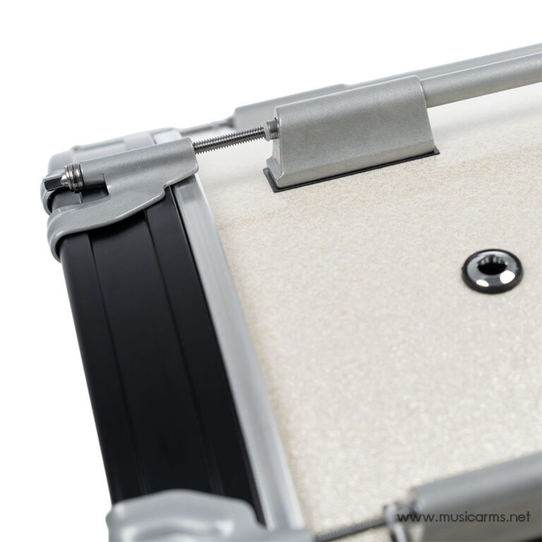 Close-up of a clamp and threaded rod securing a metal mounting bar to a beige drum shell on a drum kit hardware system. ขายราคาพิเศษ