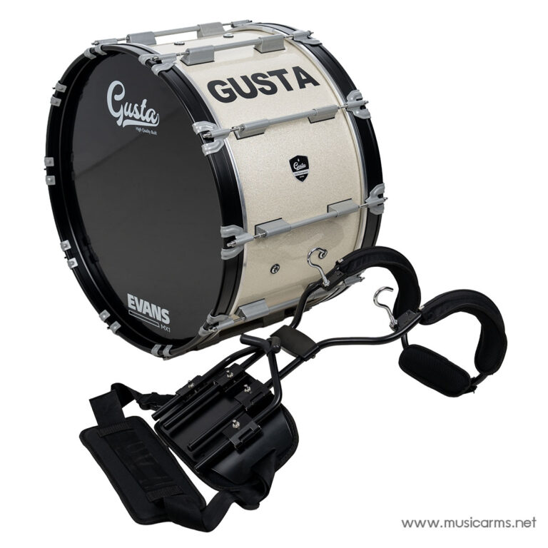 Gusta Evans marching bass drum with beige shell and black rims mounted on a two-strap harness for marching use ขายราคาพิเศษ