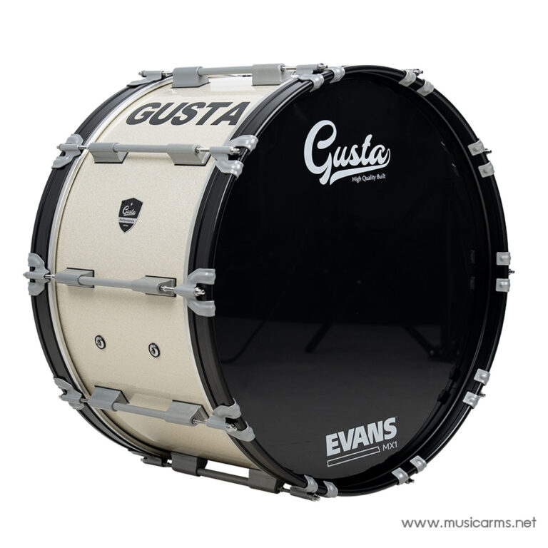 Large bass drum with a natural wood shell and chrome hardware, showing the Gusta logo on the front head and Evans MX1 branding on the black side head. ขายราคาพิเศษ
