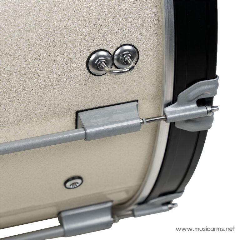 Close-up of a beige, glittery drum shell showing tuning lugs and a side rod attached to the rim. ขายราคาพิเศษ