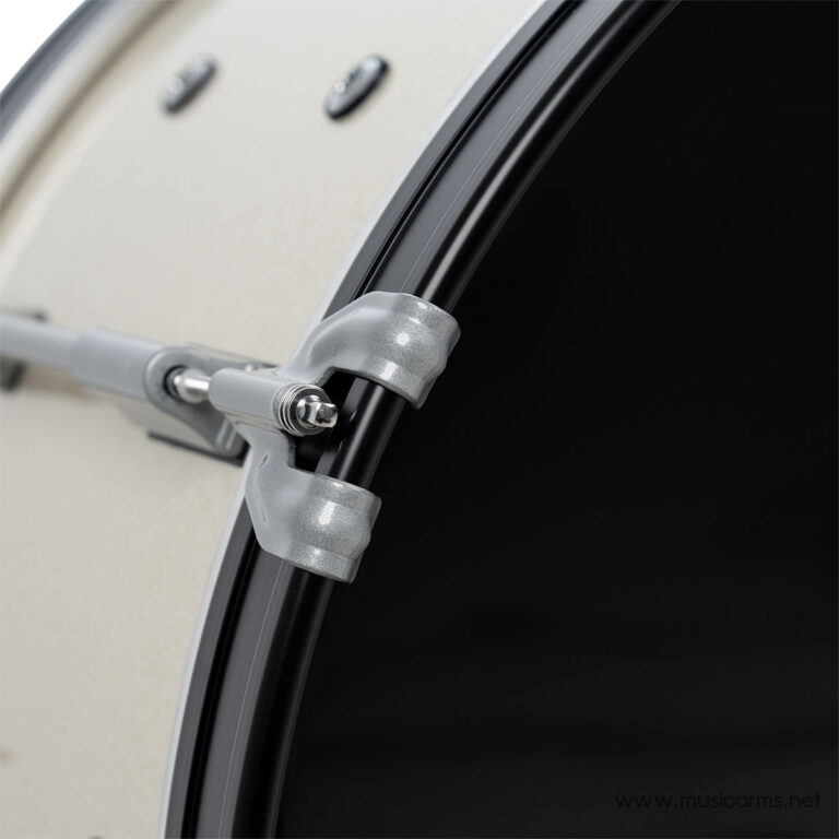 Close-up of a silver drum hardware clamp securing a beige drum shell. ขายราคาพิเศษ