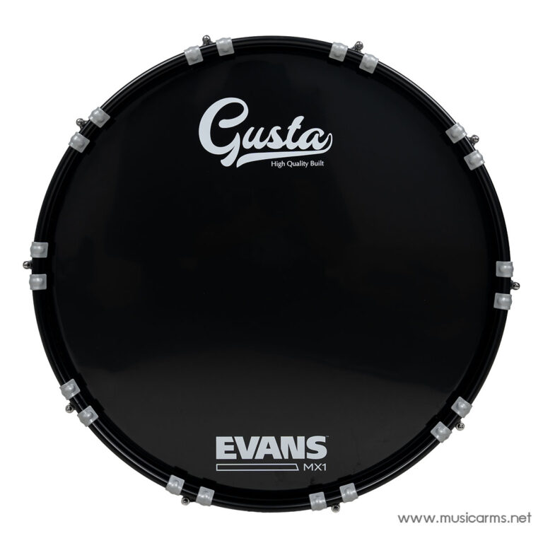 Front view of a black Evans MX1 drum head with the Gusta logo and 'High Quality Built' text. ขายราคาพิเศษ