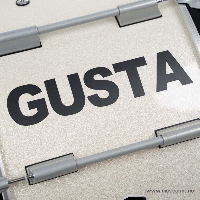 Close-up of a beige textured guitar case lid with gray latches and the bold brand name 'GUSTA' printed on it. ขายราคาพิเศษ