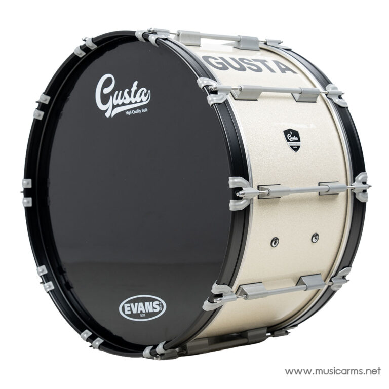 Full view of a Gusta Evans bass drum with a beige shell, black front head, and chrome hardware, shown against a white background. ขายราคาพิเศษ