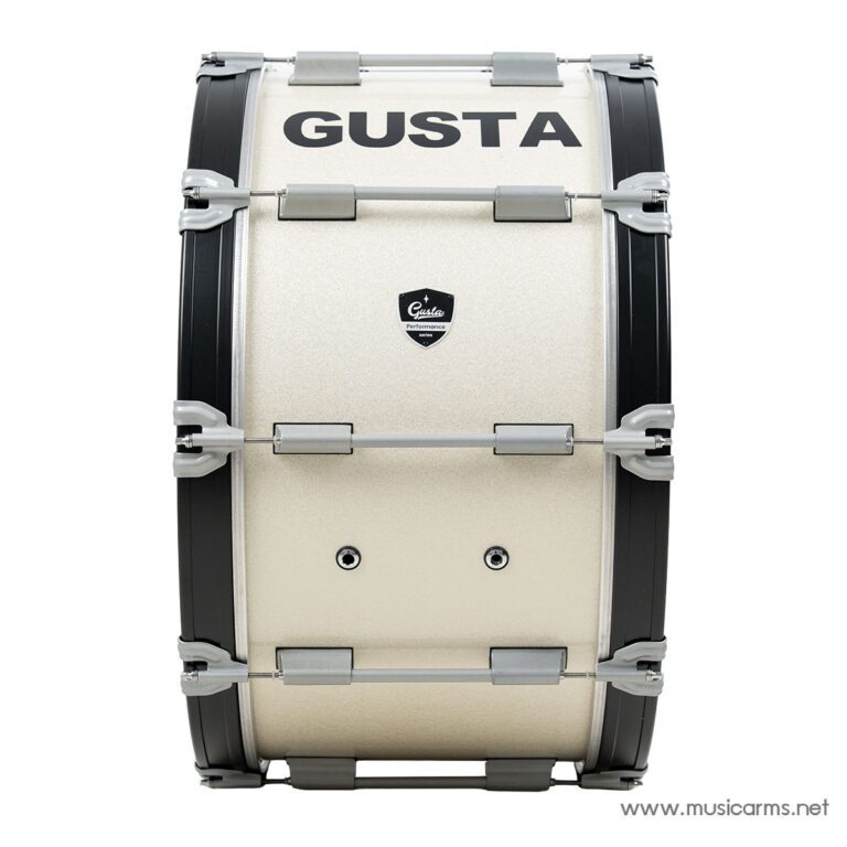 Beige Gusta snare drum with chrome hardware and black rims on a white background. ขายราคาพิเศษ