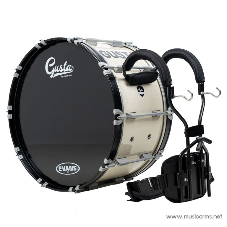 Bass drum with a marching-harness attachment and pedal system on a white background, black front head with Evans badge. ขายราคาพิเศษ