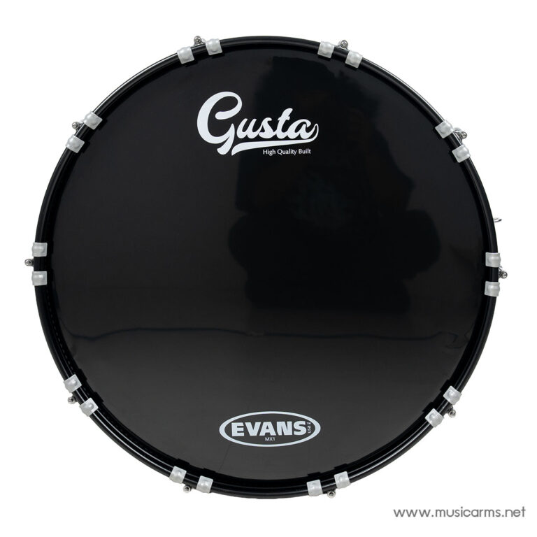 Top view of a black Evans bass drum with a glossy finish and white hardware lugs, featuring the Gusta logo on the head ขายราคาพิเศษ