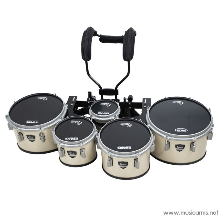 Portable electronic drum kit with five drum pads arranged in a semi-circle and a central kick pad, mounted on a frame with a neck-supported height-adjustable pad. ขายราคาพิเศษ