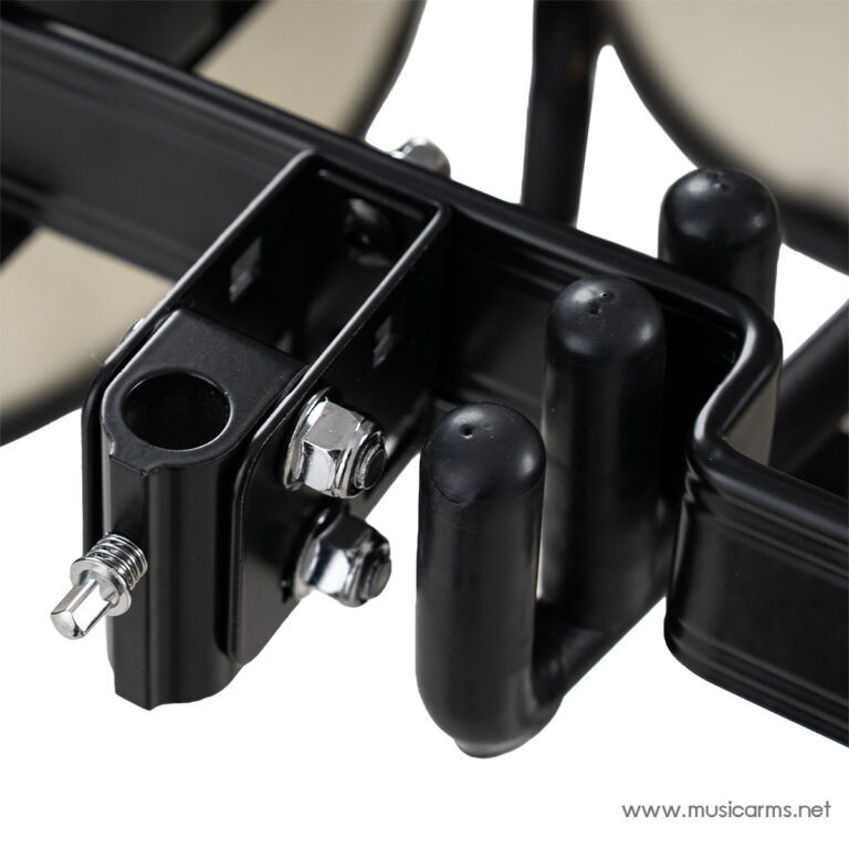 Close-up of a black metal guitar stand clamp with bolts and a cylindrical pin visible in a hardware-joint assembly. ขายราคาพิเศษ