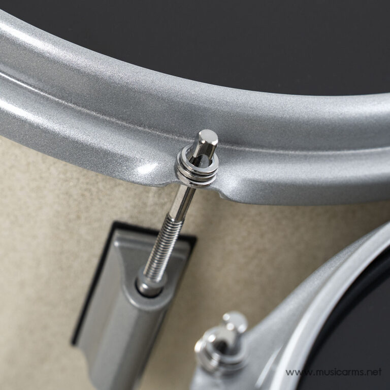 Close-up of a drum throne height adjustment: chrome threaded rod and knob under a silver seat, showing the height adjustment mechanism ขายราคาพิเศษ