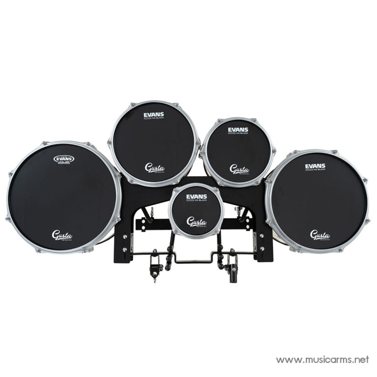 Electronic drum kit with multiple pads mounted on a black frame, labeled Evans and Gusta, on a white background. ขายราคาพิเศษ