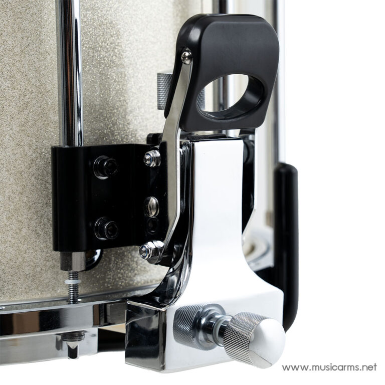 Close-up of a drum bass pedal clamp and linkage mounted to a drum shell with chrome hardware and a black plastic handle button-like part. ขายราคาพิเศษ