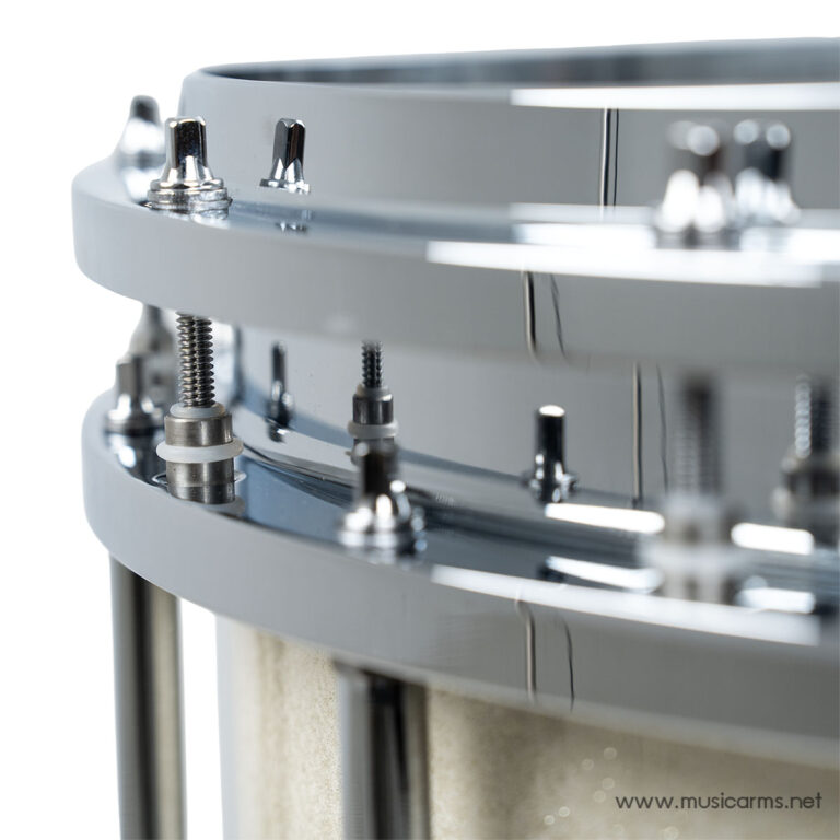 Close-up of a drum's metal hoop with tension rods and lugs, highlighting chrome hardware against a light background. ขายราคาพิเศษ