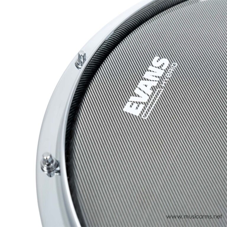 Close-up of an Evans drumhead with a carbon-fiber texture, metal rim, and tuning lugs visible along the edge. ขายราคาพิเศษ