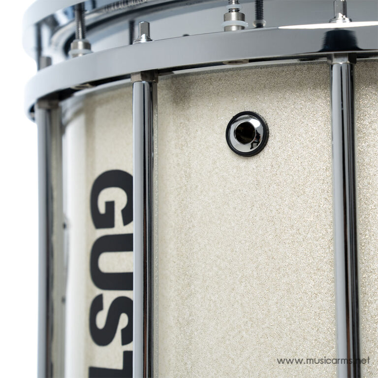 Close-up of a beige glitter snare drum with chrome hoops and tension rods ขายราคาพิเศษ