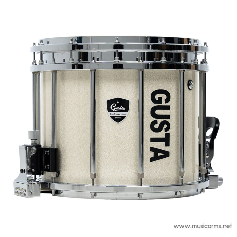 Beige snare drum with chrome hardware and a black 'GUSTA' logo, mounted hoops, and side throw-off pedal visible against a white background. ขายราคาพิเศษ