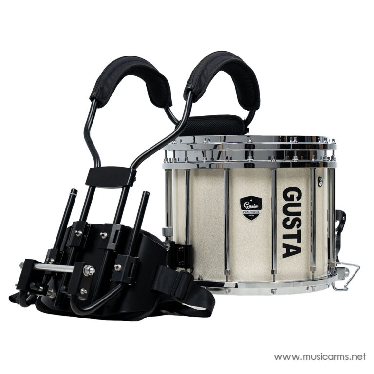 Gusta snare drum with beige shell, chrome hardware, and attached black carrying harness ขายราคาพิเศษ