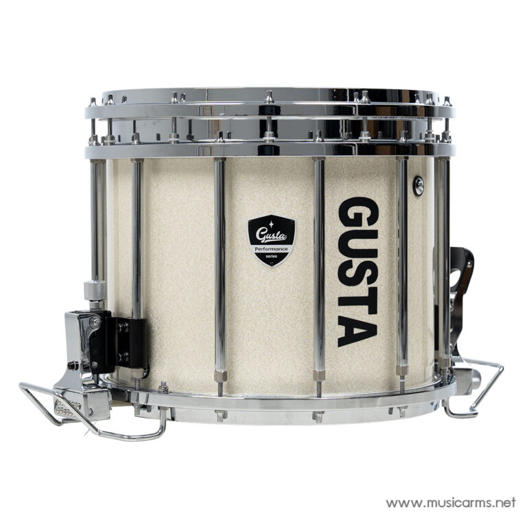Beige sparkle snare drum with chrome hardware and vertical GUSTA branding on a white background (side view). ขายราคาพิเศษ