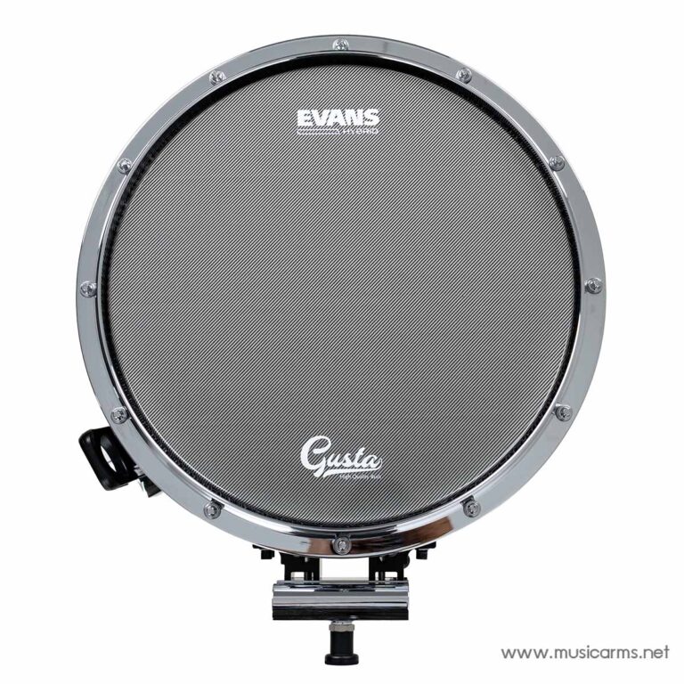 Circular drum head with a chrome hoop and screws, showing Evans branding and a textured surface; mounted on a stand in a product photo. ขายราคาพิเศษ
