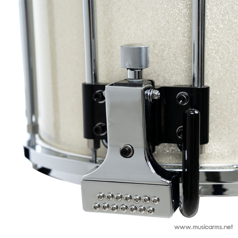 Close-up of a chrome kick drum pedal attached to a glittery drum shell with a knurled adjustment knob. ขายราคาพิเศษ