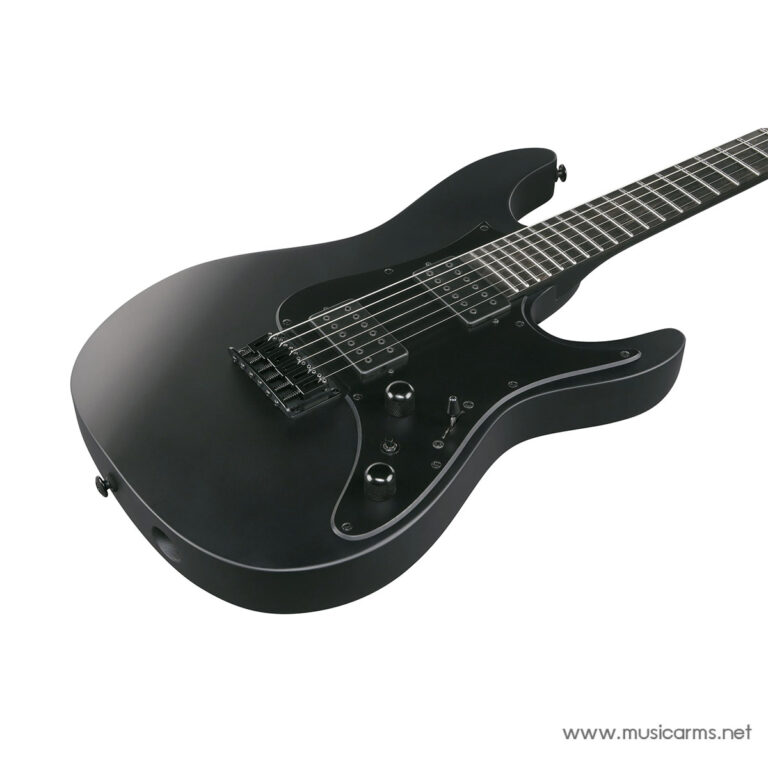 Black solid-body electric guitar with a double-cutaway design and two humbucker pickups on a white background ขายราคาพิเศษ