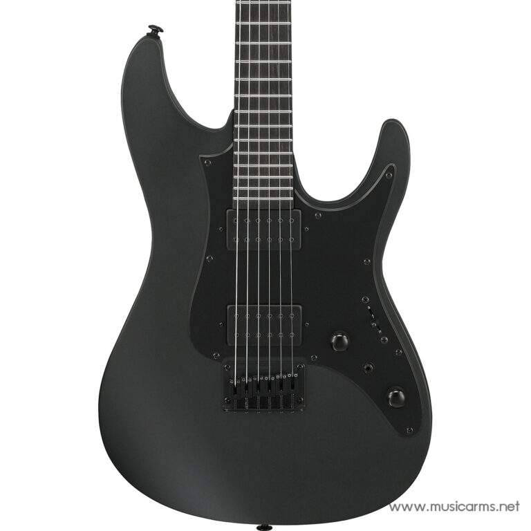 Black electric guitar with dual humbucker pickups and a black pickguard, front view. ขายราคาพิเศษ
