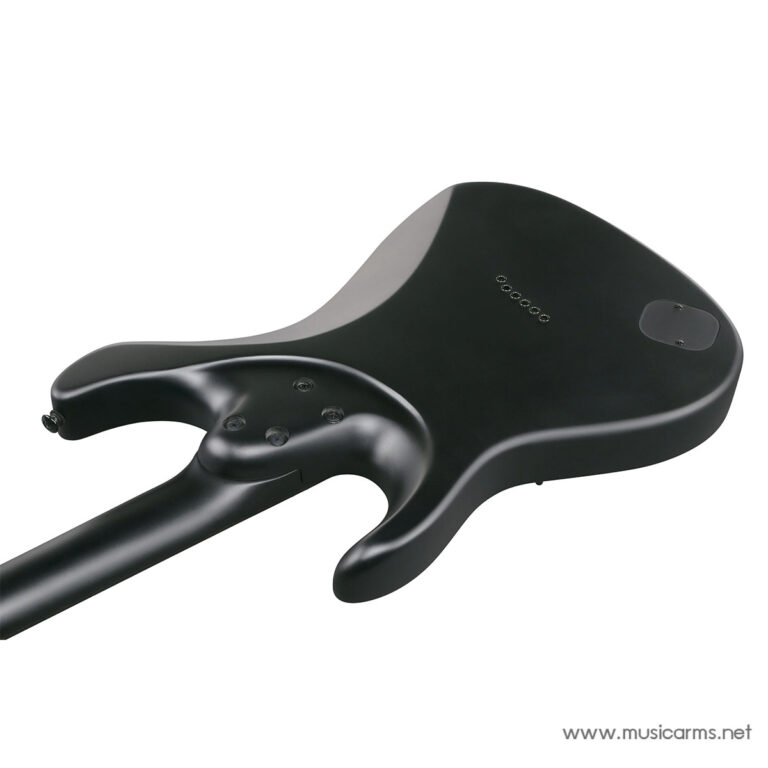 Back view of a black electric guitar body with neck attached and a rear control cavity cover visible ขายราคาพิเศษ