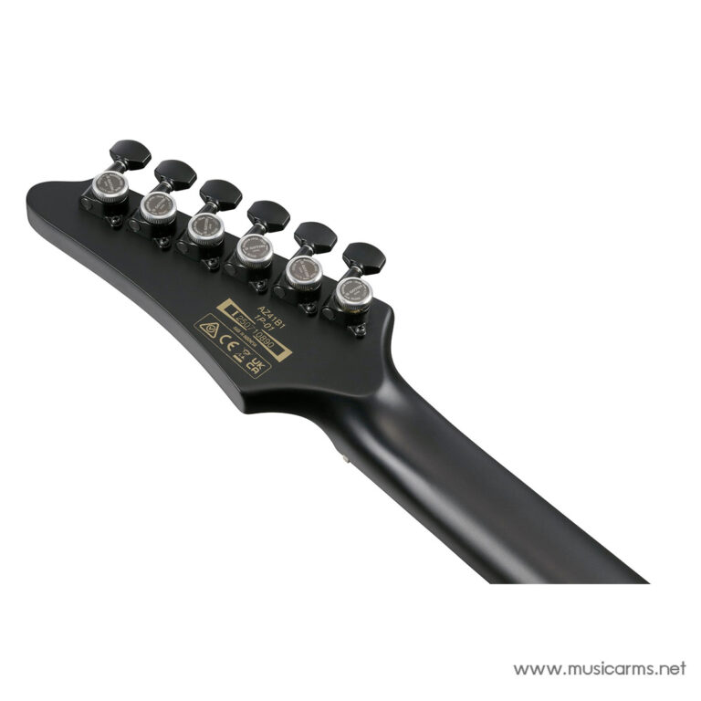 Black electric guitar headstock with six tuning pegs and a gold back label visible on the body edge against a white background ขายราคาพิเศษ